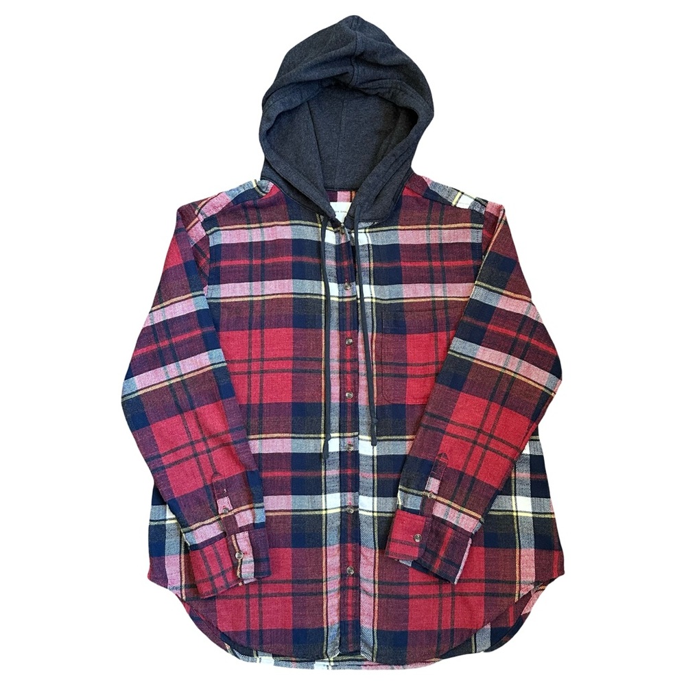 American Eagle Women Cozy Cabin‎ Fall Plaid Flannel Hooded Button Up Shirt M EUC